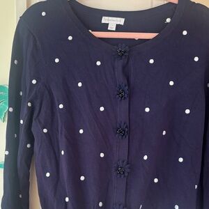 Charter Club Navy and White Polka Dot Embellished Cardigan